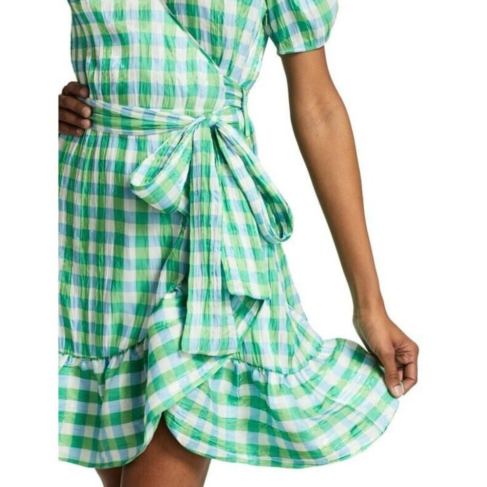 TANYA TAYLOR Natasha Gingham Faux Wrap Green Blue Puff Sleeve Ruffle Dress - Picture 2 of 12